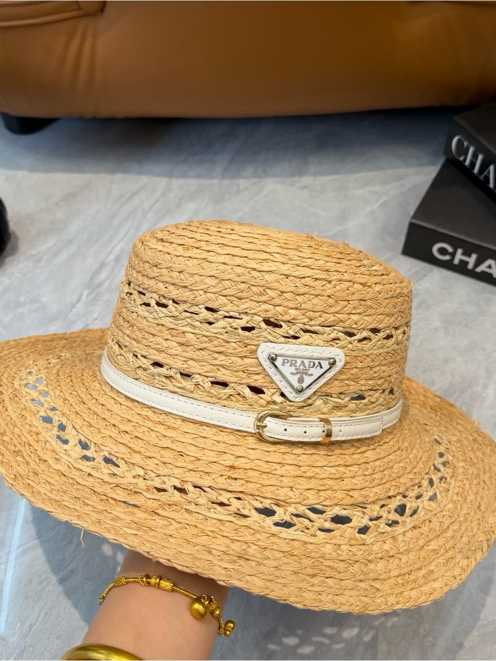 Prada Straw Sun Hat with White Leather Band